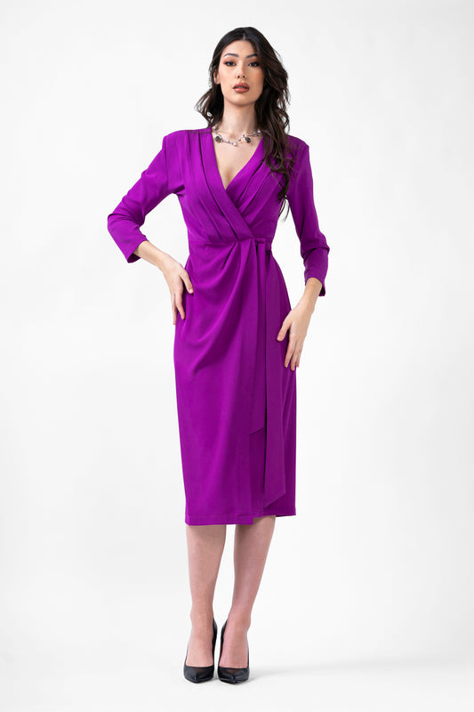 Purple Midi Dress With Pleats And Belt