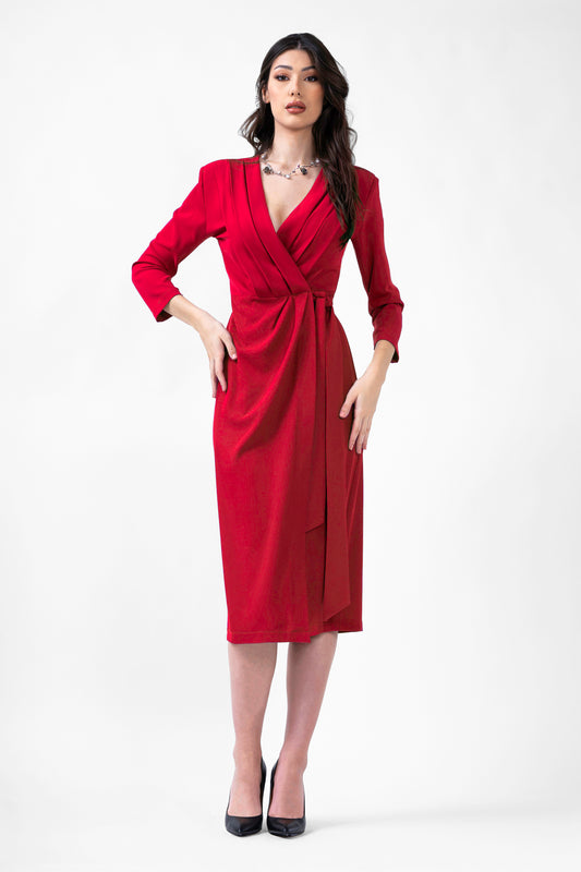 Red Midi Dress With Pleats And Belt