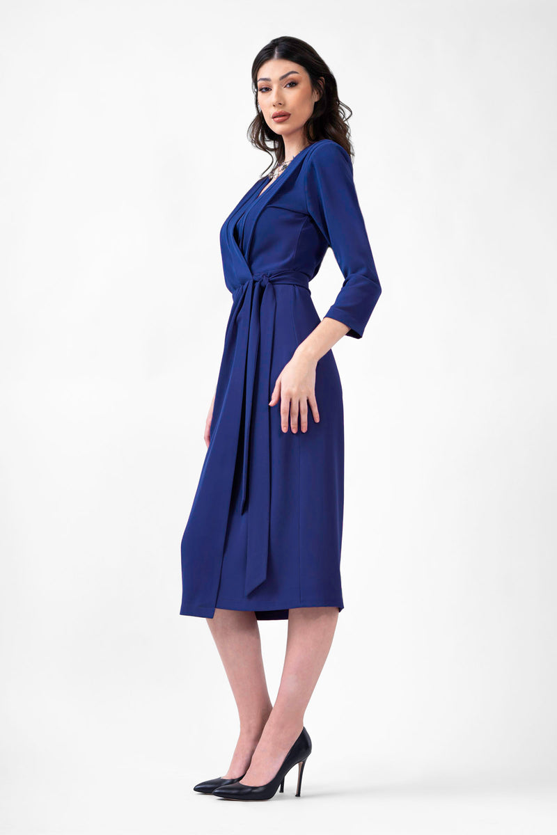 Electric Blue Midi Dress With Pleats And Belt