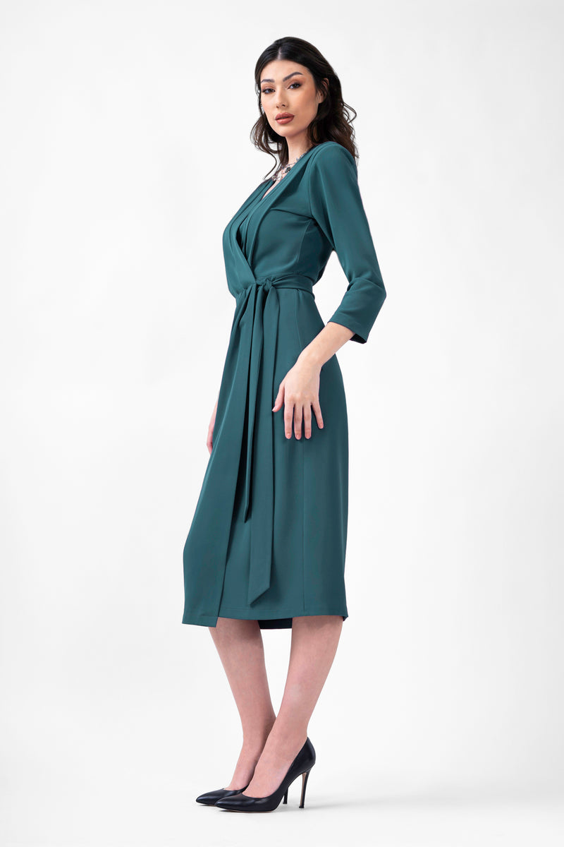 Turquoise Midi Dress With Pleats And Belt