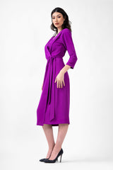 Purple Midi Dress With Pleats And Belt