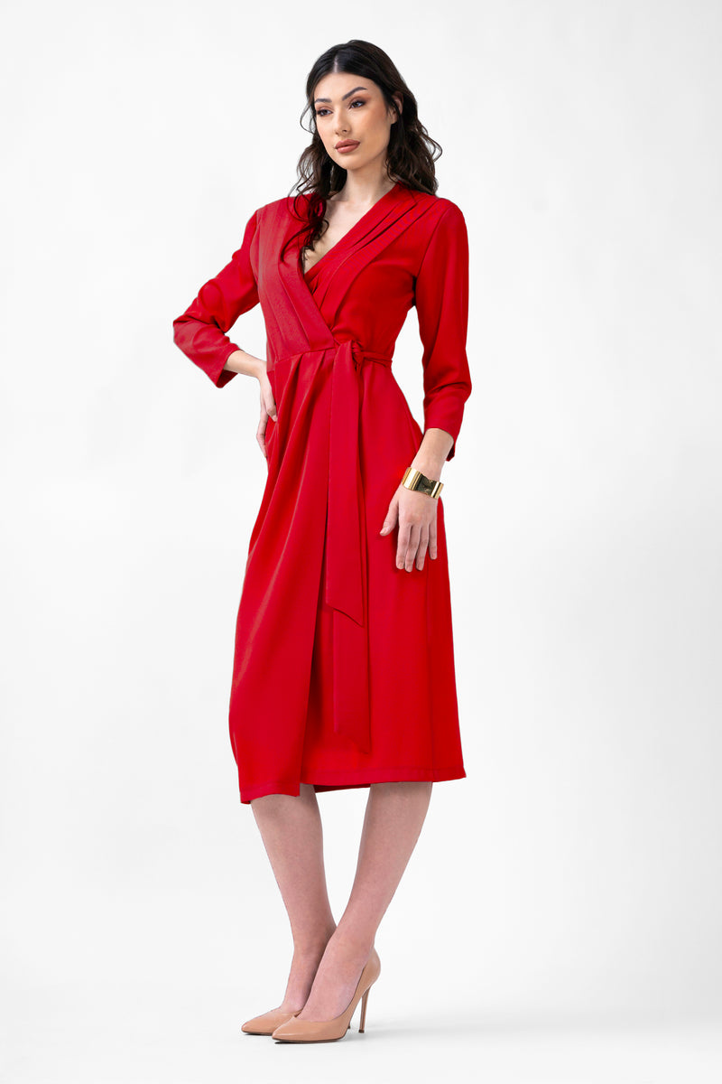 Red Midi Dress With Pleats And Belt