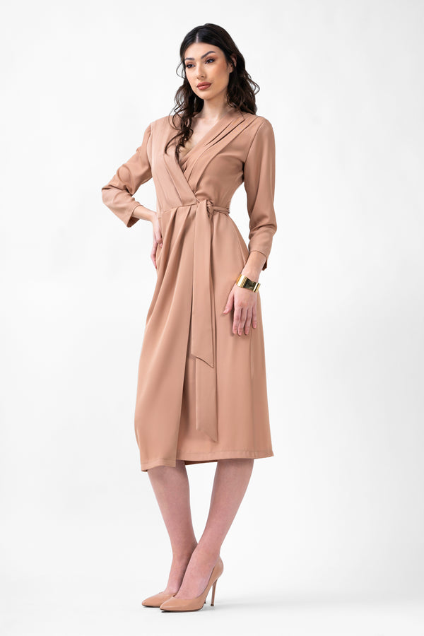 Beige Midi Dress With Pleats And Belt