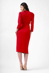 Red Midi Dress With Pleats And Belt