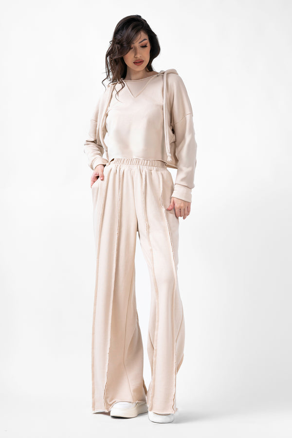 Beige Matching Set With Hoodie And Wide Leg Trousers