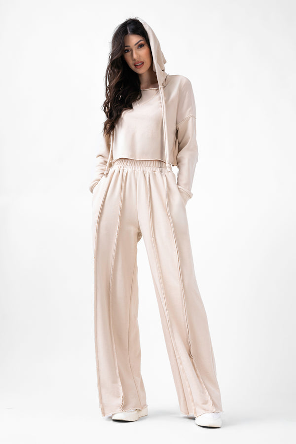 Beige Matching Set With Hoodie And Wide Leg Trousers