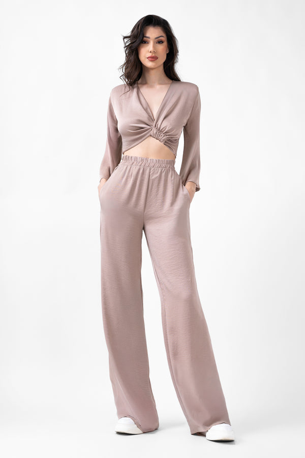 Beige Set With Blouse And Wide Leg Trousers