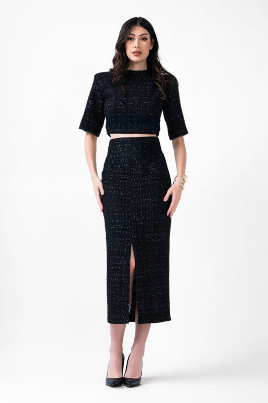 Zwarte set met cropped top en midi-rok