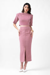 Powder Pink Set With Cropped Top And Midi Skirt