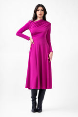 Rochie midi fuchsia cu cut-out si drapaje