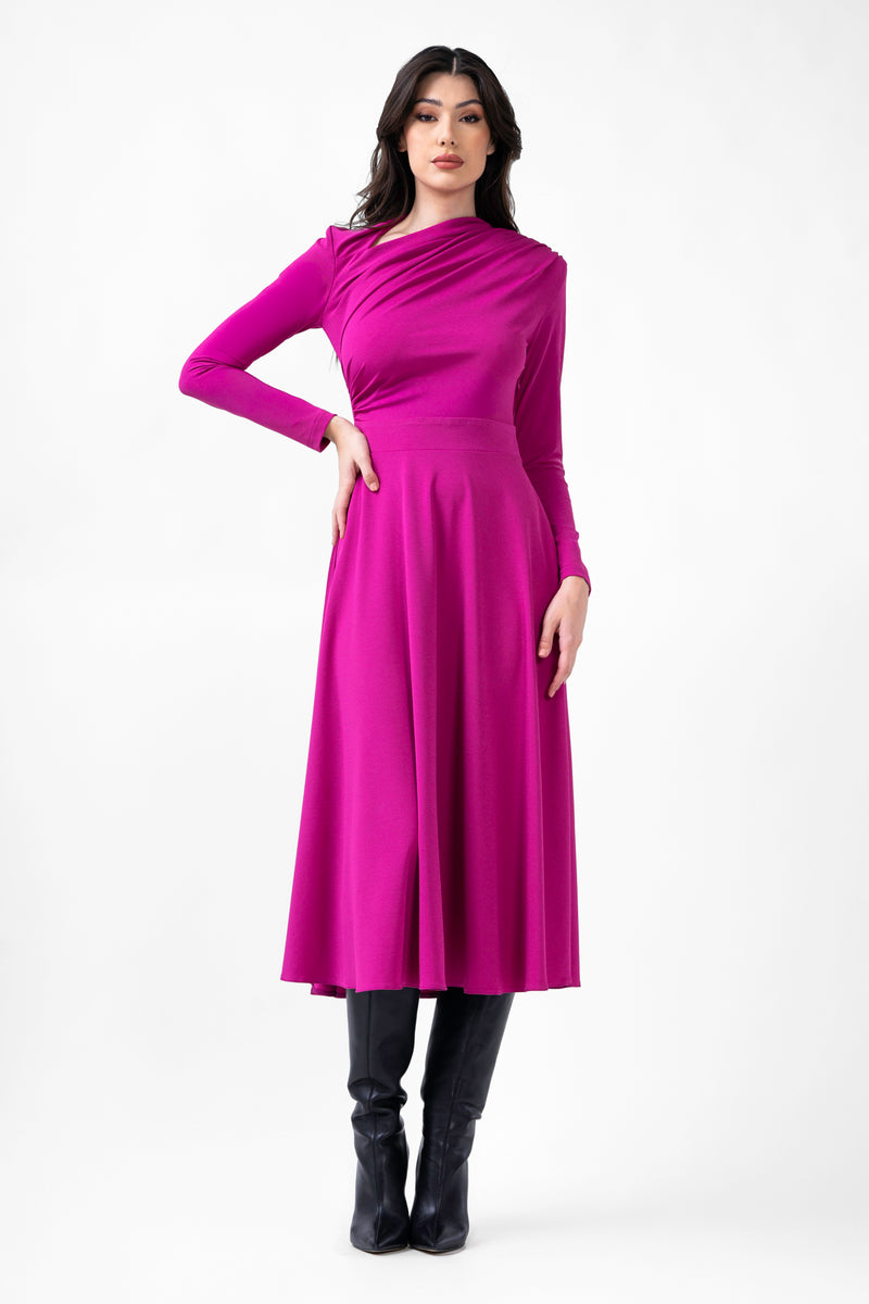 Rochie midi fuchsia cu cut-out si drapaje