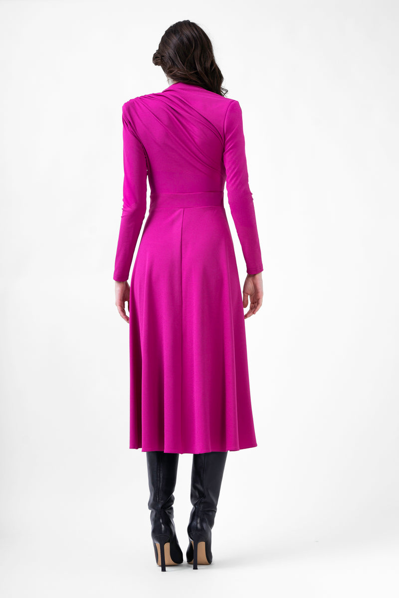 Rochie midi fuchsia cu cut-out si drapaje