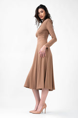 Camel Midi Dress With Cut-Out And Draping