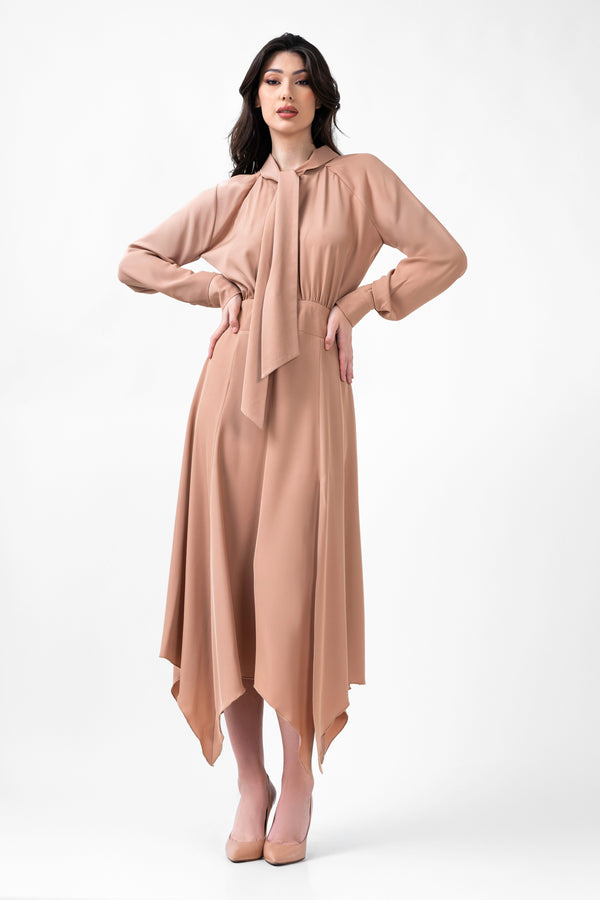 Beige Midi Dress With Scarf