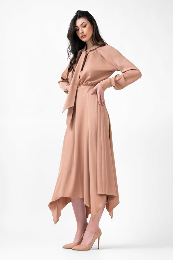 Beige Midi Dress With Scarf