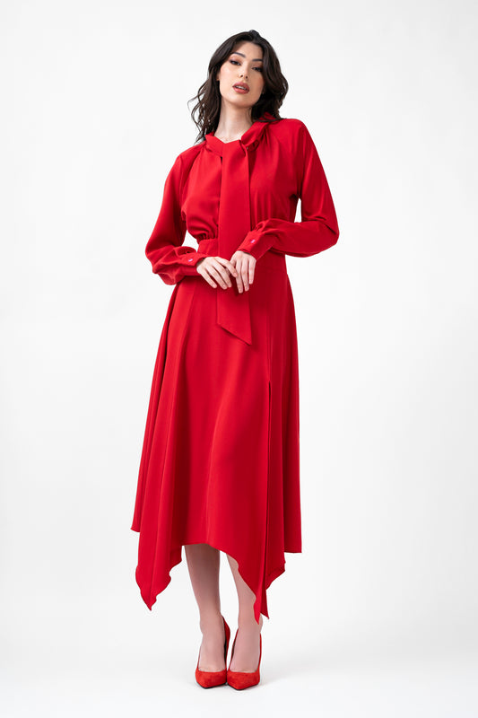 Red Midi Dress With Scarf