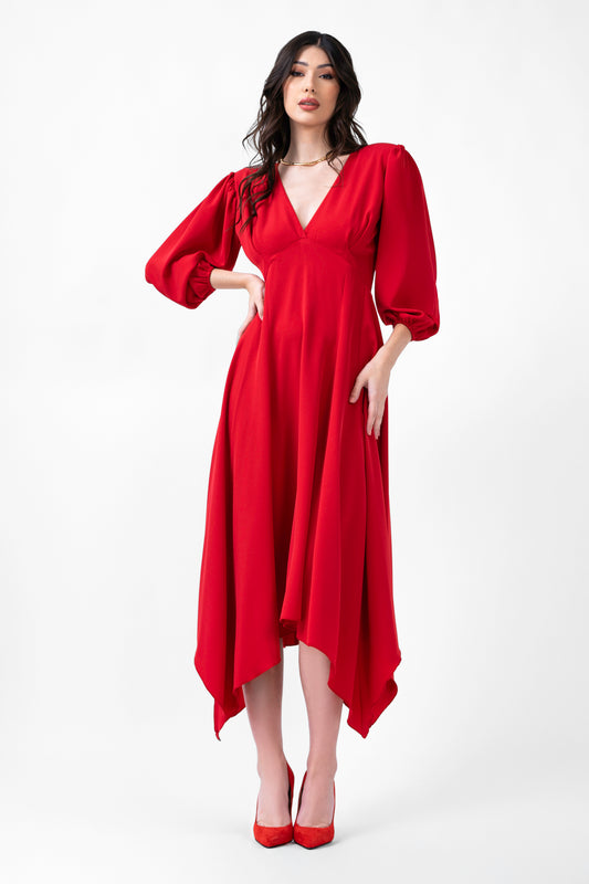 Red Midi Dress With Pleats And Midi Sleeves