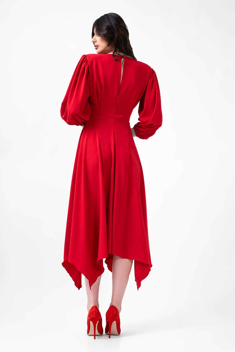 Red Midi Dress With Pleats And Midi Sleeves