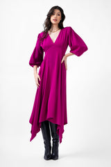 Rochie midi fuchsia cu clini si maneca midi