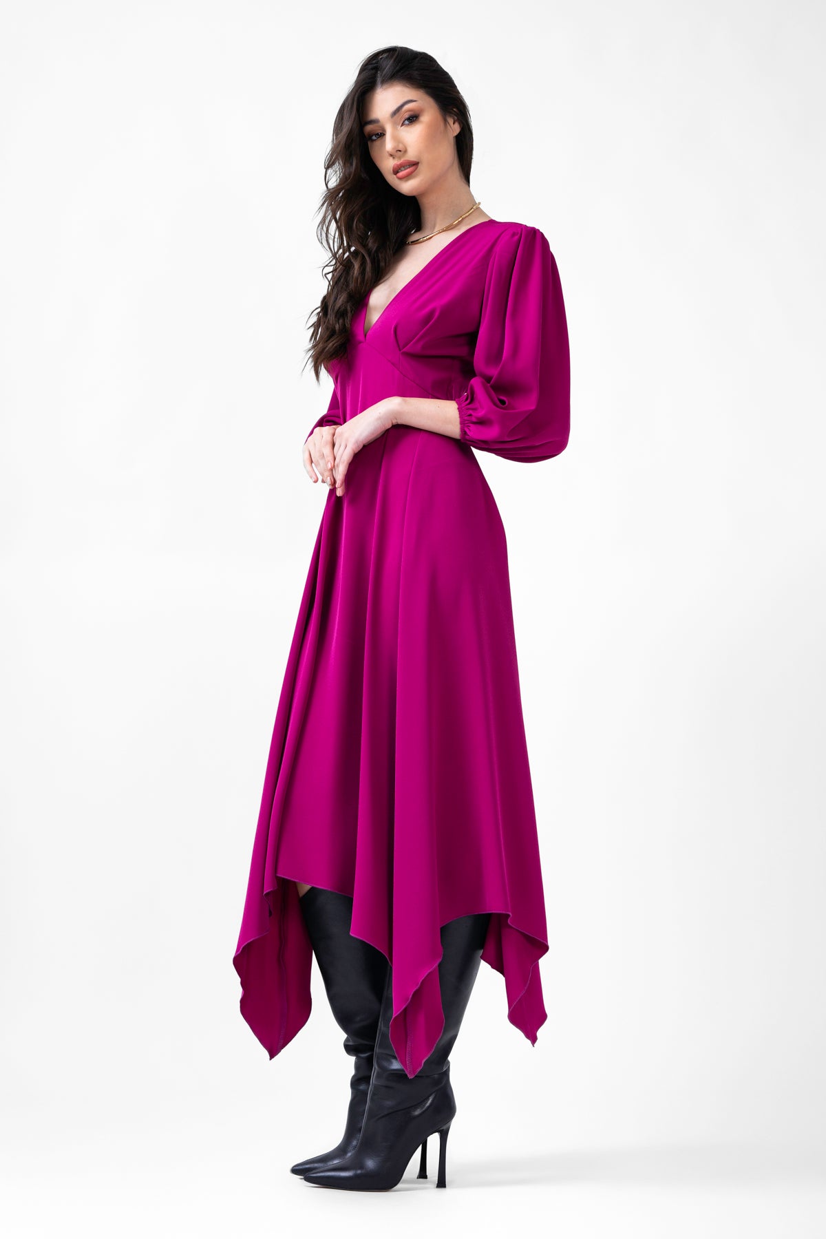 Fuchsia Midi Dress With Pleats And Midi Sleeves