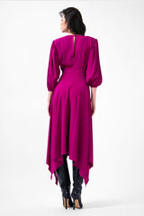 Rochie midi fuchsia cu clini si maneca midi