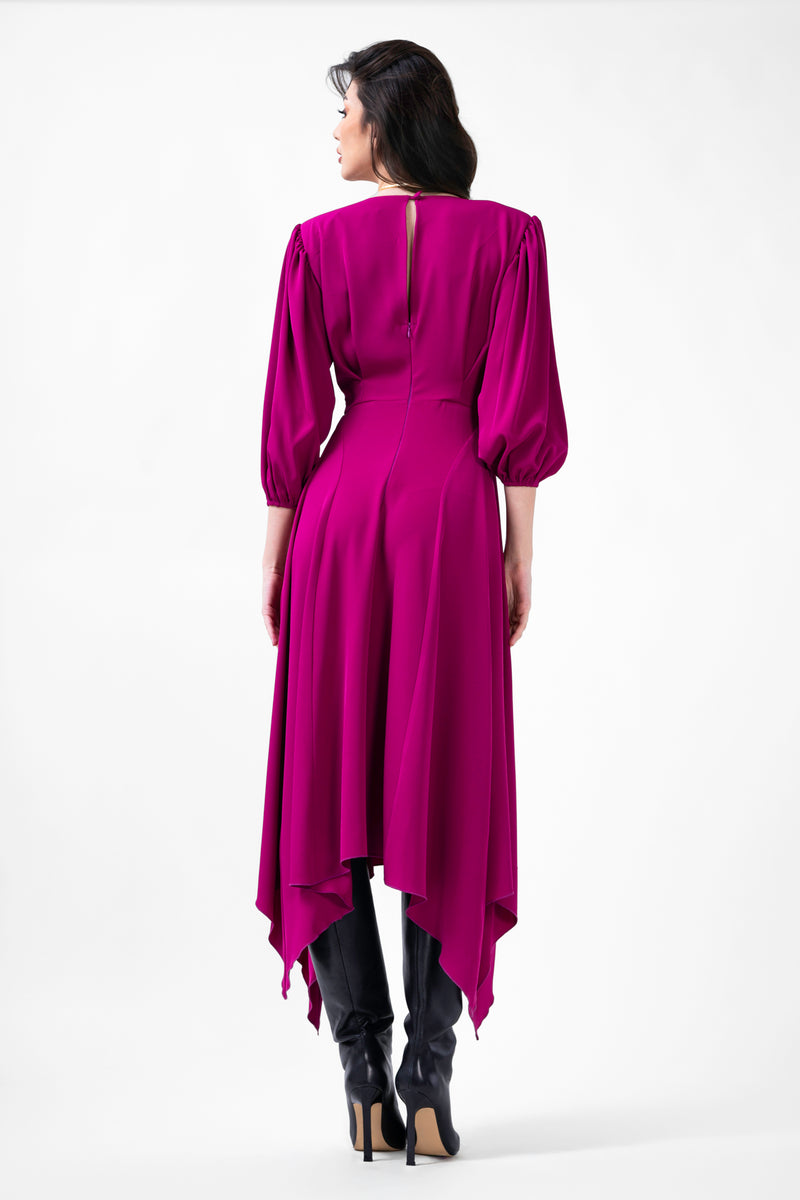 Rochie midi fuchsia cu clini si maneca midi