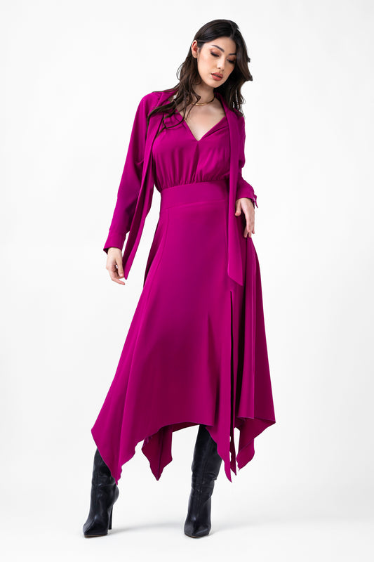 Fuchsia Midi Dress With Scarf