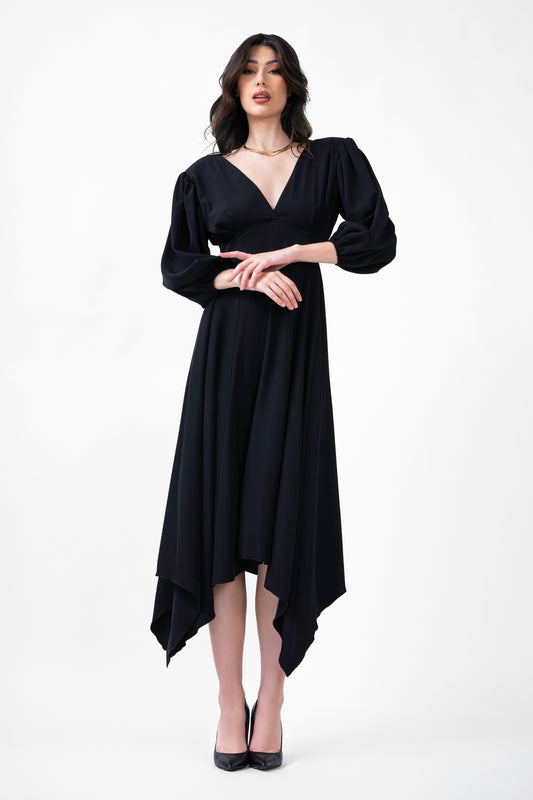 Black Midi Dress With Pleats And Midi Sleeves