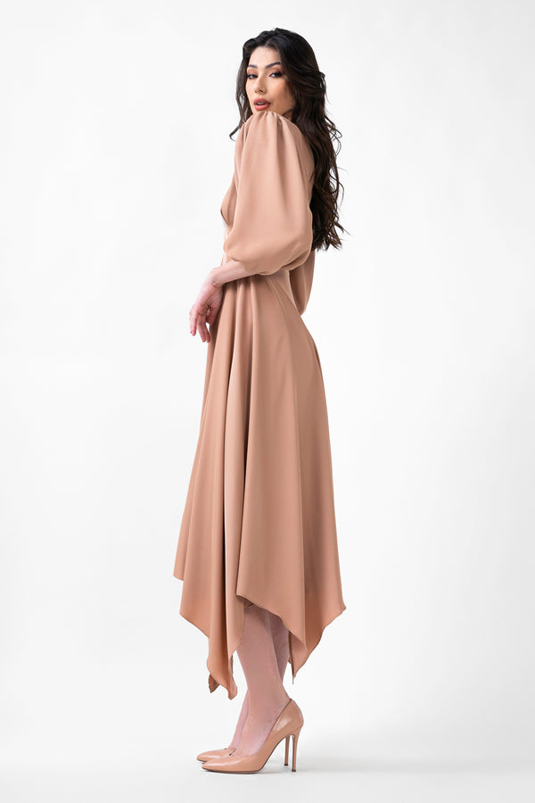 Beige Midi Dress With Pleats And Midi Sleeves