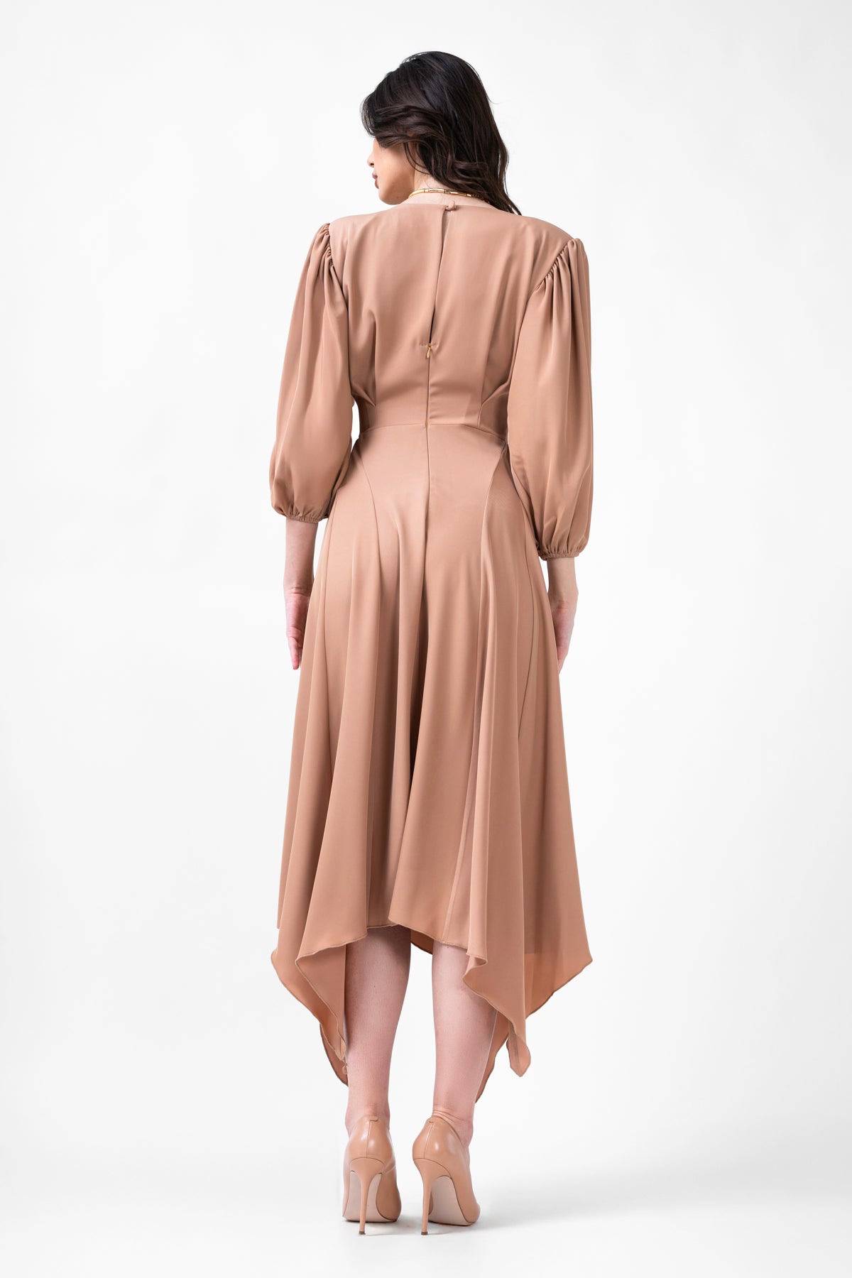 Beige Midi Dress With Pleats And Midi Sleeves