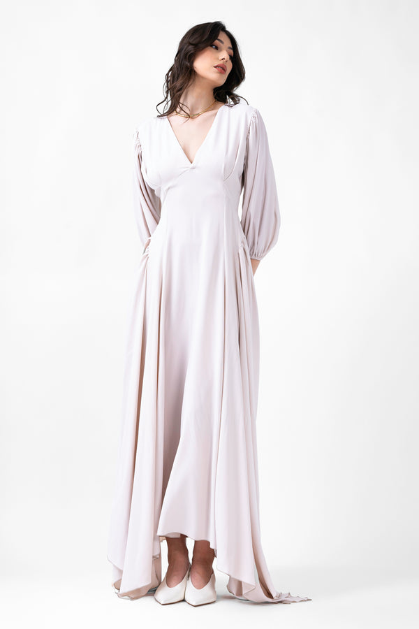 Ivory Maxi Dress With Pleats And Midi Sleeves