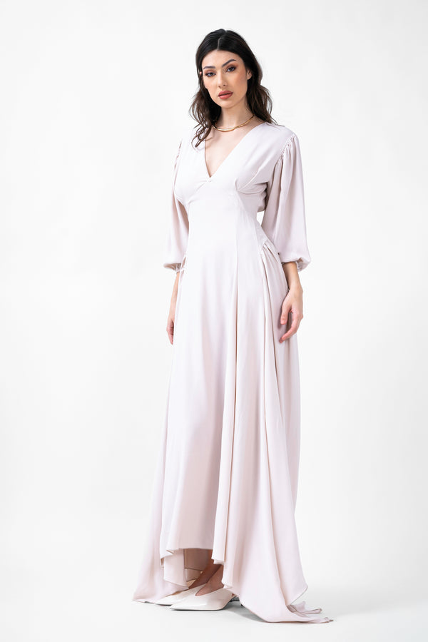 Ivory Maxi Dress With Pleats And Midi Sleeves