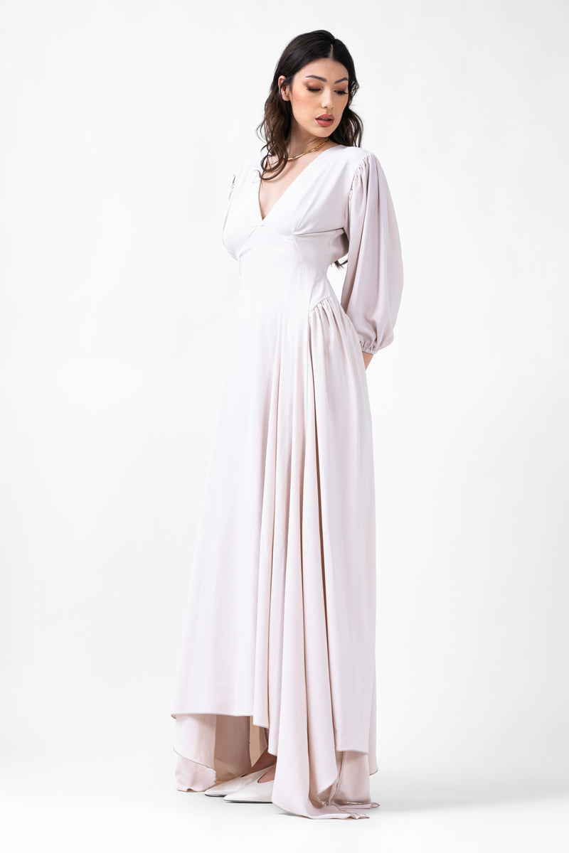 Ivory Maxi Dress With Pleats And Midi Sleeves