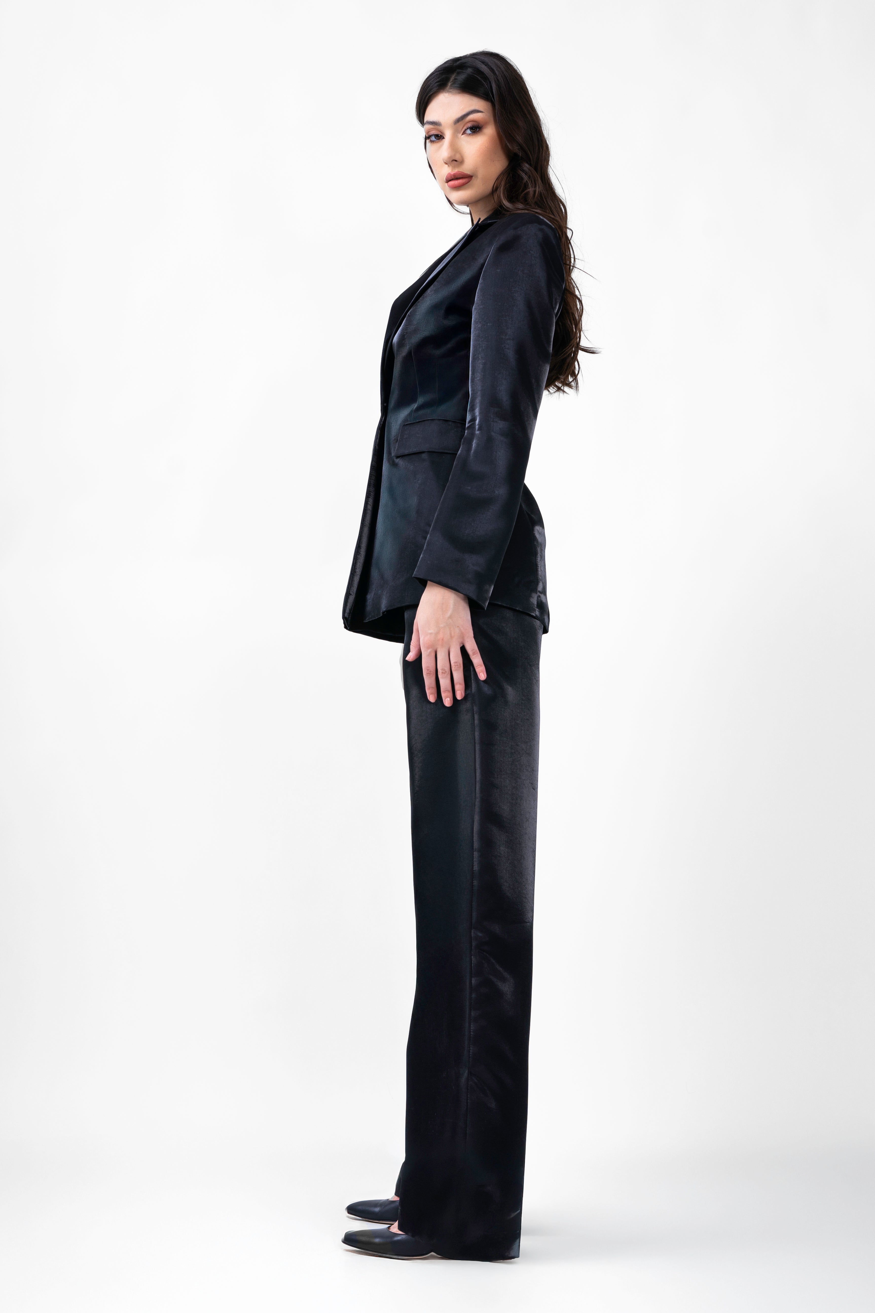 Black Taffeta Suit With Blazer And Straight Trousers