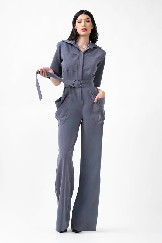 Grey Maxi Jumpsuit With Short Sleeves