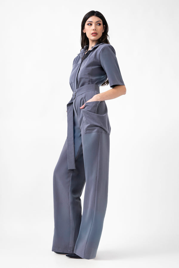 Grijze Maxi Jumpsuit Met Korte Mouwen