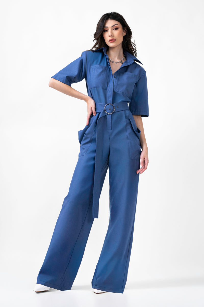 Denim Maxi Jumpsuit With Short Sleeves