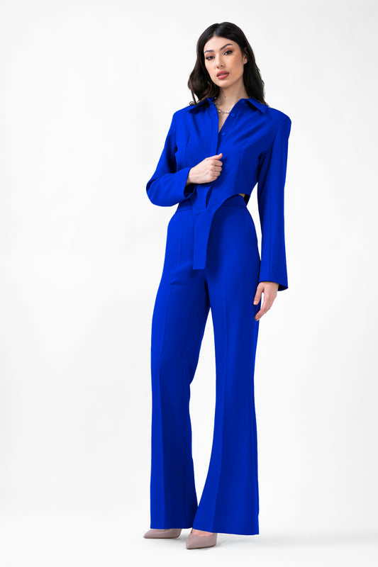 Electric Blue Set With Body Shirt And Straight Trousers