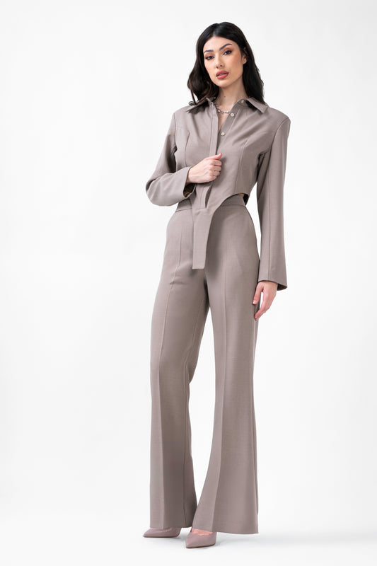 Beige Set With Body Shirt And Straight Trousers