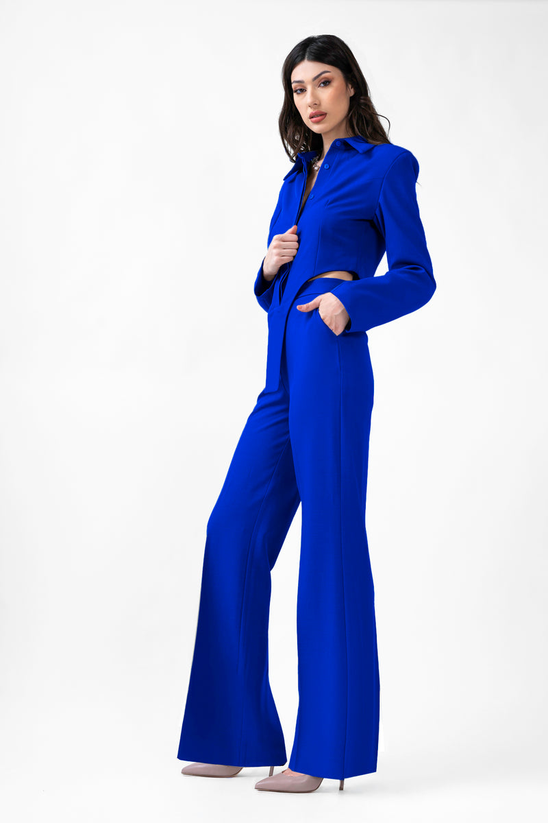 Electric Blue Set With Body Shirt And Straight Trousers