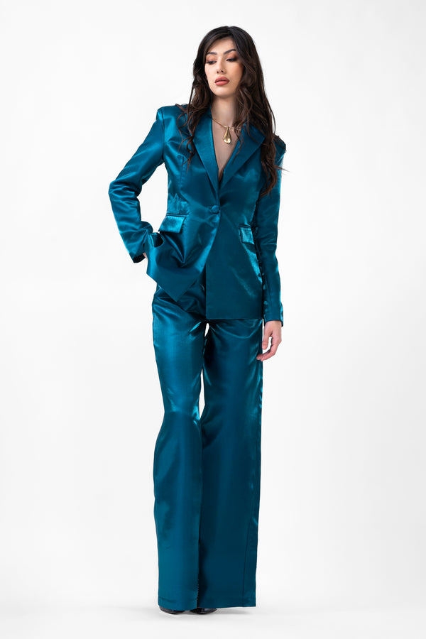 Electric Blue Taffeta Suit With Blazer And Straight Trousers