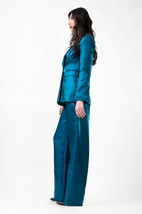 Electric Blue Taffeta Suit With Blazer And Straight Trousers