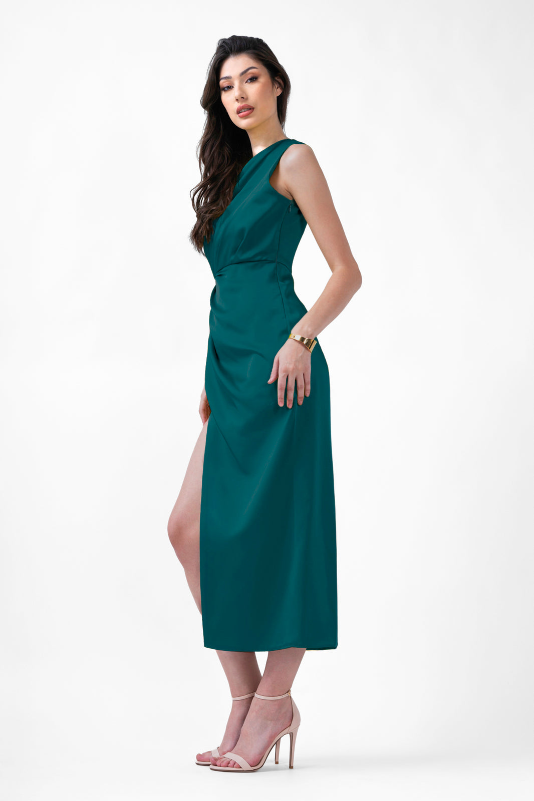 Electric blue midi dress with draping detailing and waist belt – Bluzat
