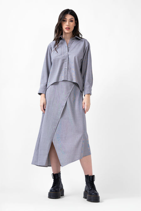 Set gri cu bluza si fusta midi