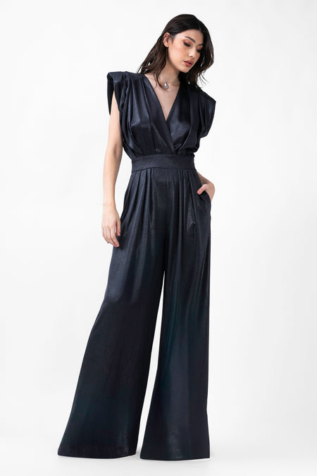 Black Maxi Jumpsuit With Silver Inserts And Draped Bodice