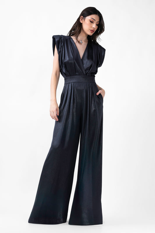 Black Maxi Jumpsuit With Silver Inserts And Draped Bodice