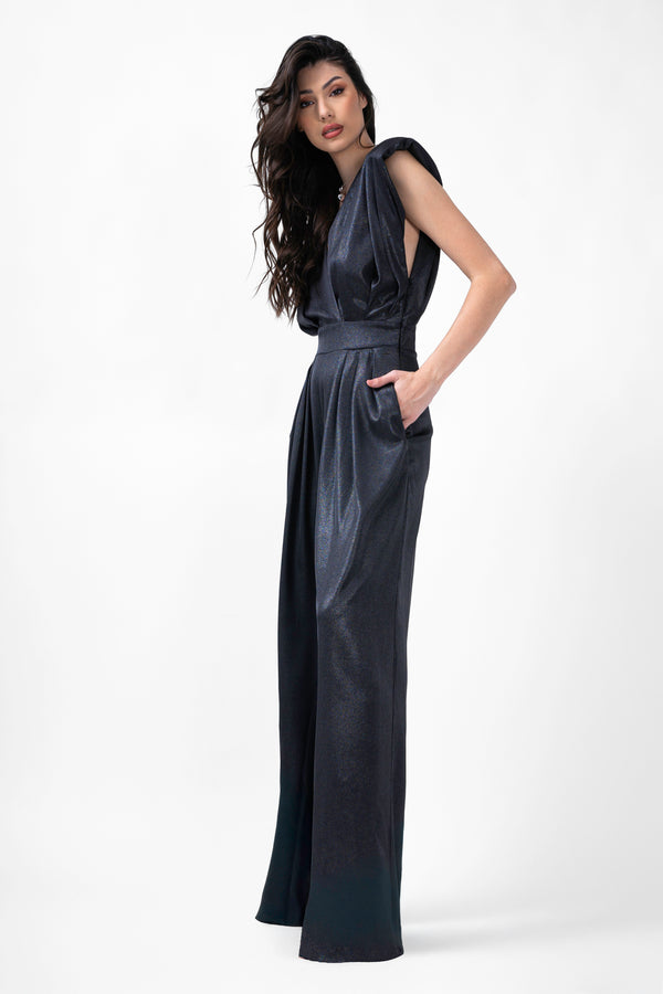 Black Maxi Jumpsuit With Silver Inserts And Draped Bodice