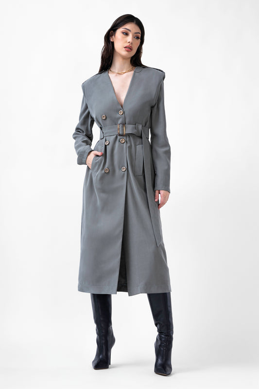 Grey Midi Trench Dress