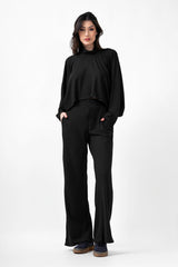 Black Knitted Set With Blouse And Wide Leg Trousers