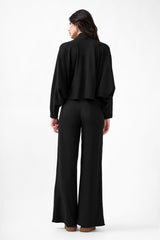 Black Knitted Set With Blouse And Wide Leg Trousers